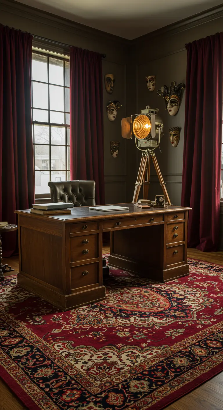 Bureau en bois éclairé par un grand spot de cinéma sur trépied, ambiance sombre et théâtrale.