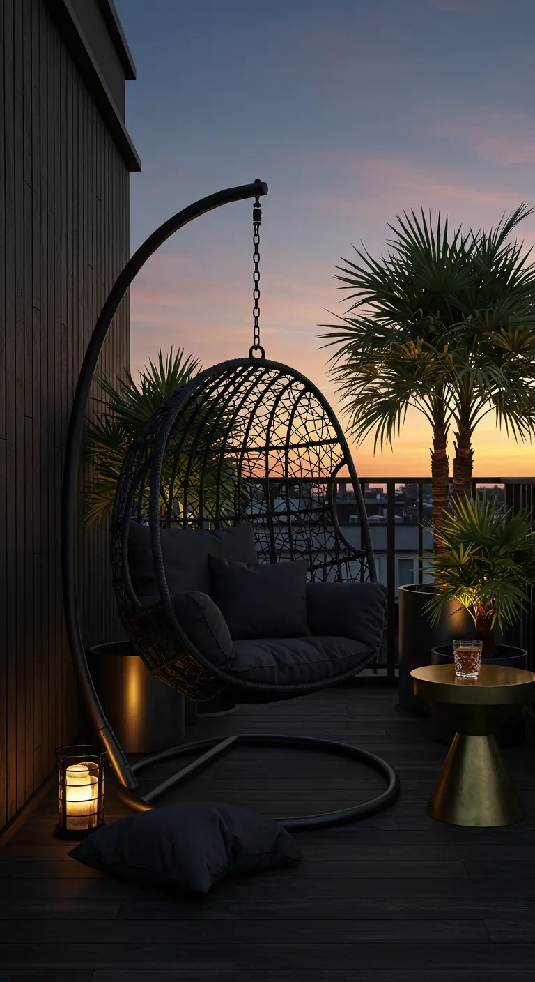 Grand fauteuil suspendu noir sur une terrasse moderne la nuit.