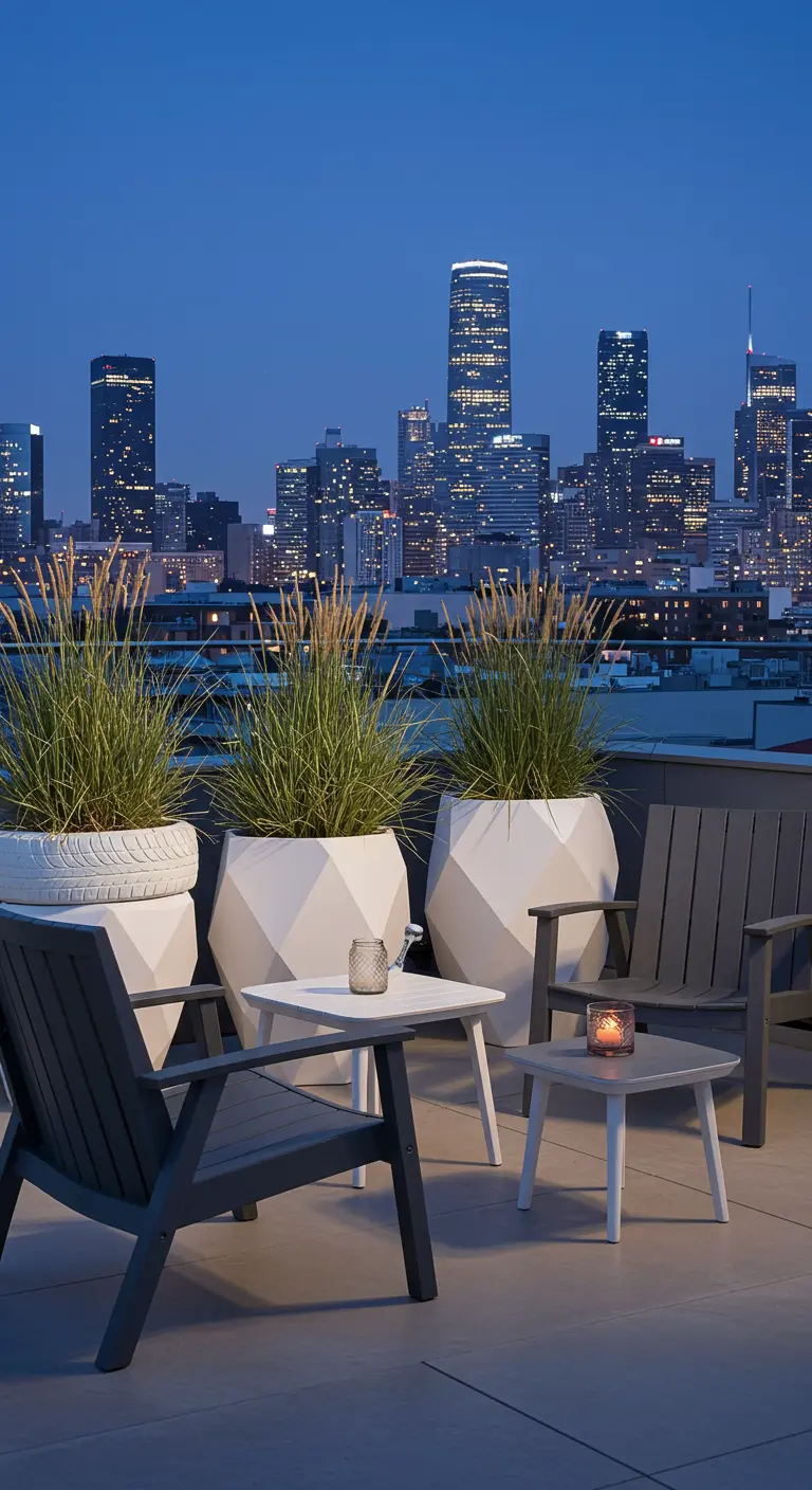 Terrasse moderne avec des chaises et des jardinières géométriques devant un paysage urbain nocturne