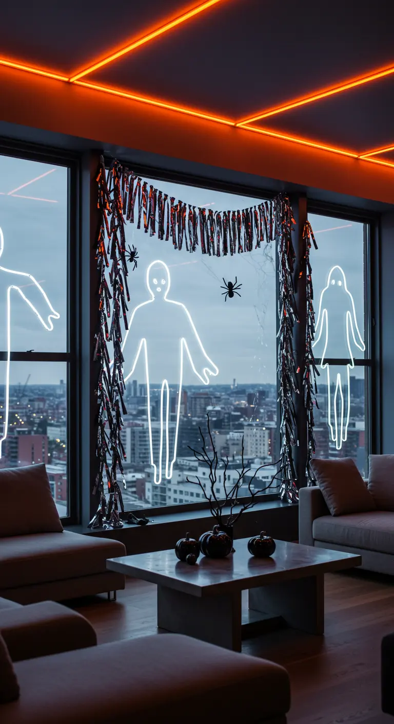 Grandes fenêtres d'appartement avec silhouettes lumineuses néon, guirlande métallique et araignées.