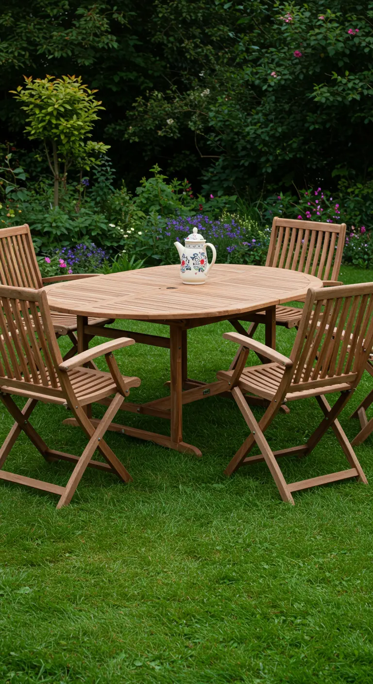 Table octogonale et chaises pliantes en teck posées sur une pelouse verte.