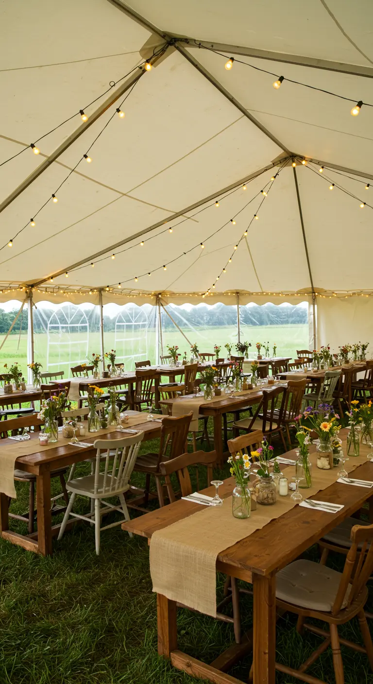 Tables en bois rustiques sous une tente avec guirlandes lumineuses.