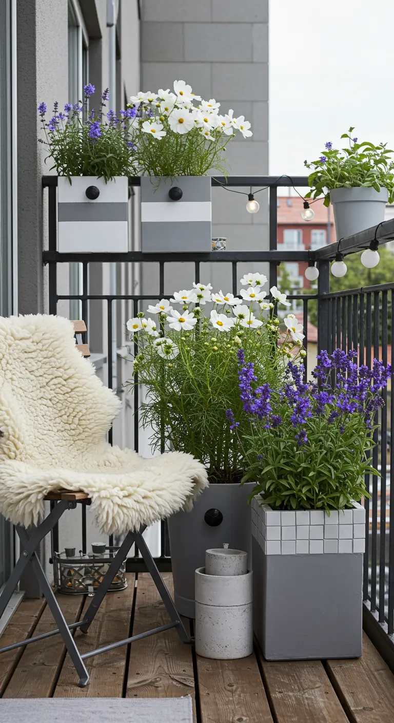 Balcon avec pots gris et blancs, cosmos blancs, lavande, plaid en fausse fourrure et guirlandes lumineuses