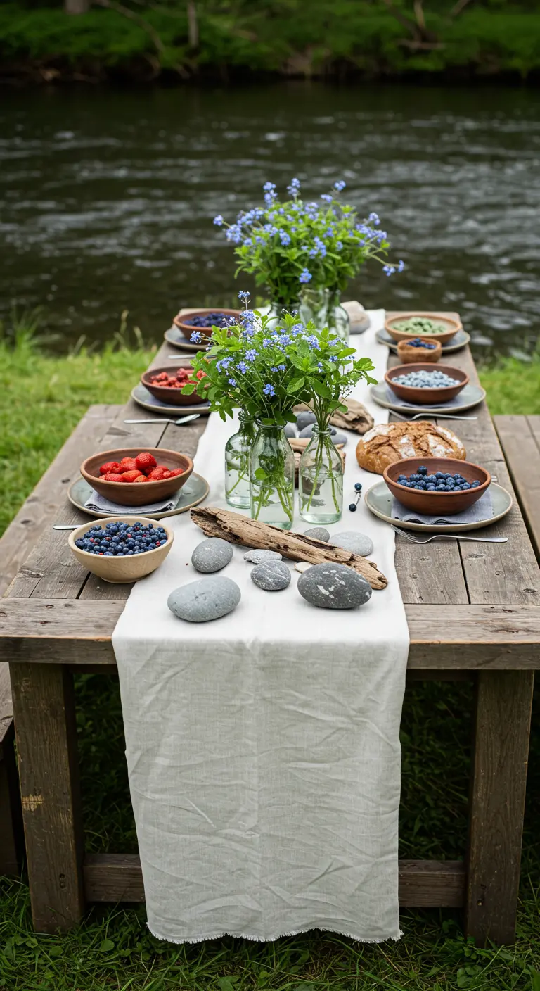 Table de Pâques rustique au bord d'une rivière avec chemin de table en lin, galets, petits bouquets de myosotis et fruits frais.