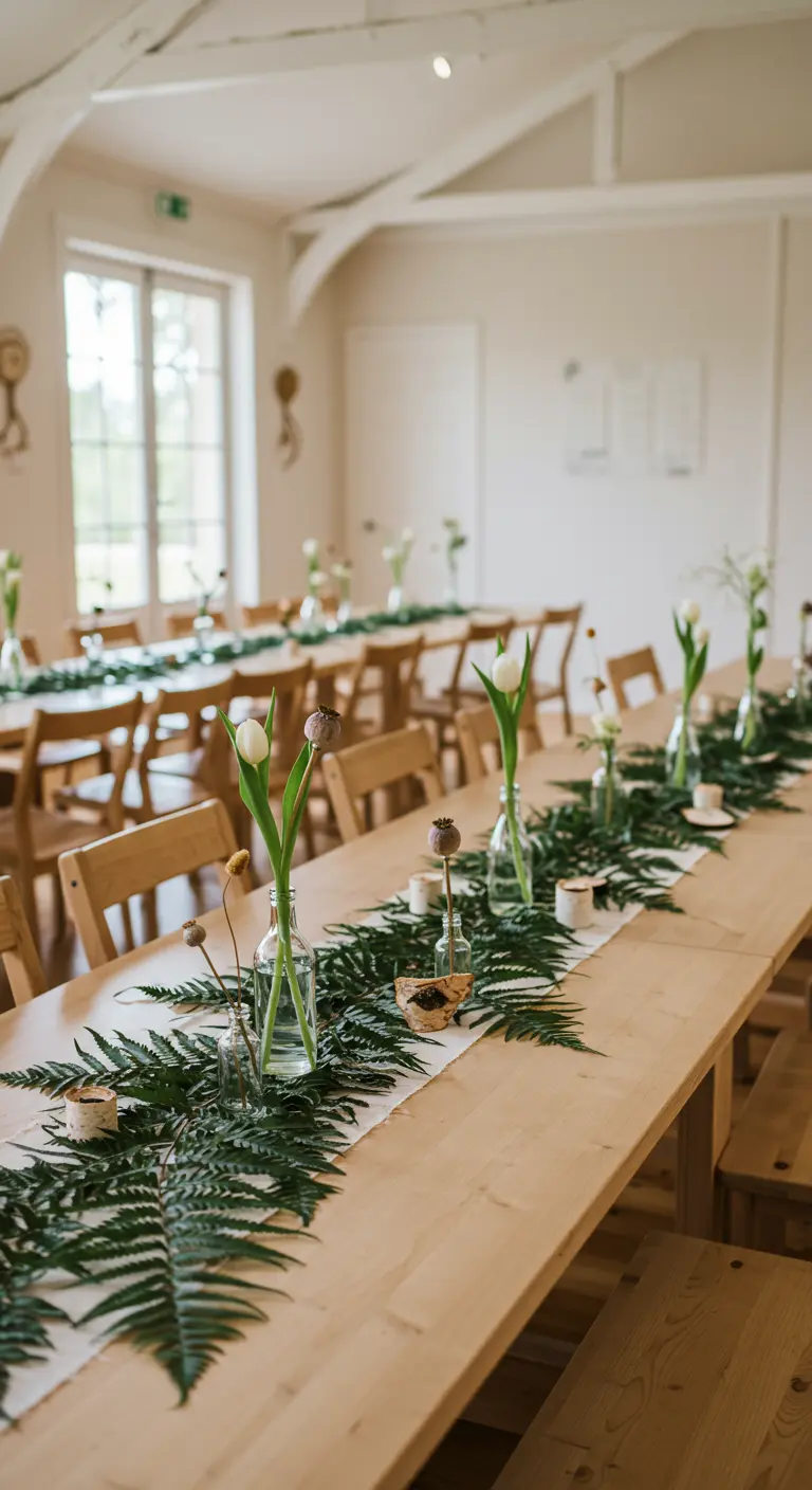 Longue table en bois avec un chemin de table de fougères et de fleurs en soliflores.