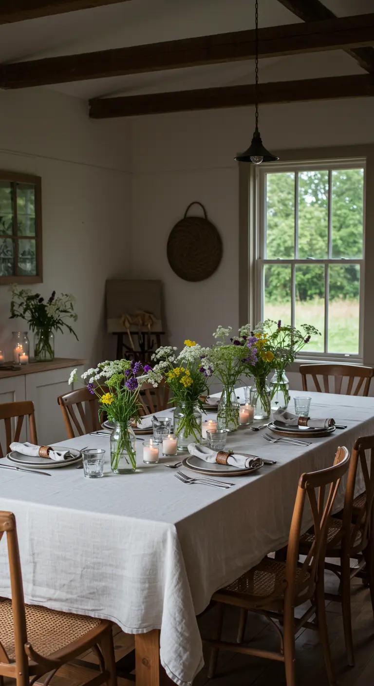 Longue table en bois avec nappe blanche, plusieurs petits bouquets de fleurs sauvages et bougies.