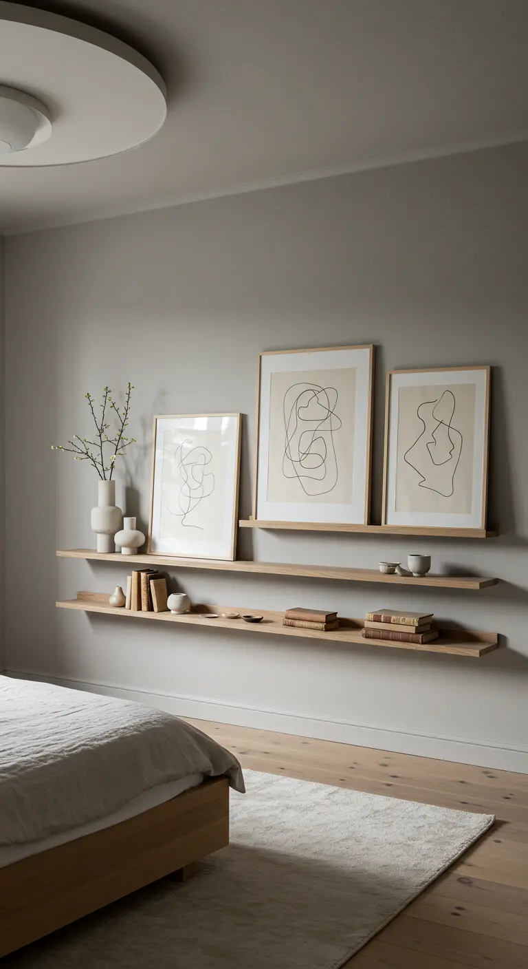 Deux étagères flottantes en bois clair avec des cadres d'art abstrait et des objets décoratifs.