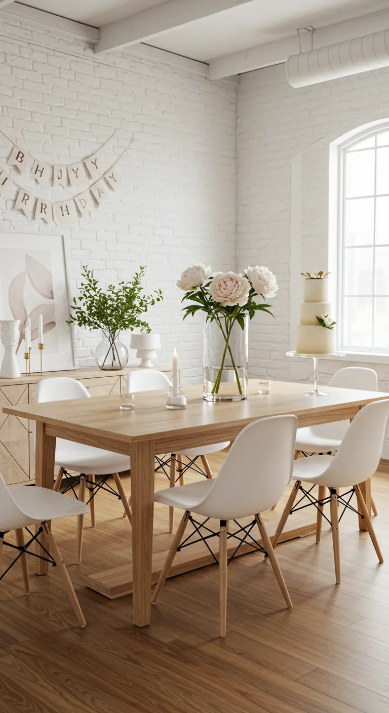 Salle à manger lumineuse aux murs en briques blanches, table en bois, fleurs blanches, bannière 
