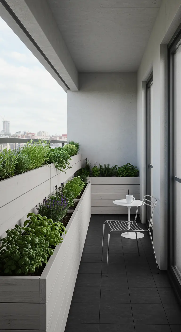 Balcon minimaliste avec de longues jardinières blanches remplies d'herbes et une chaise design.