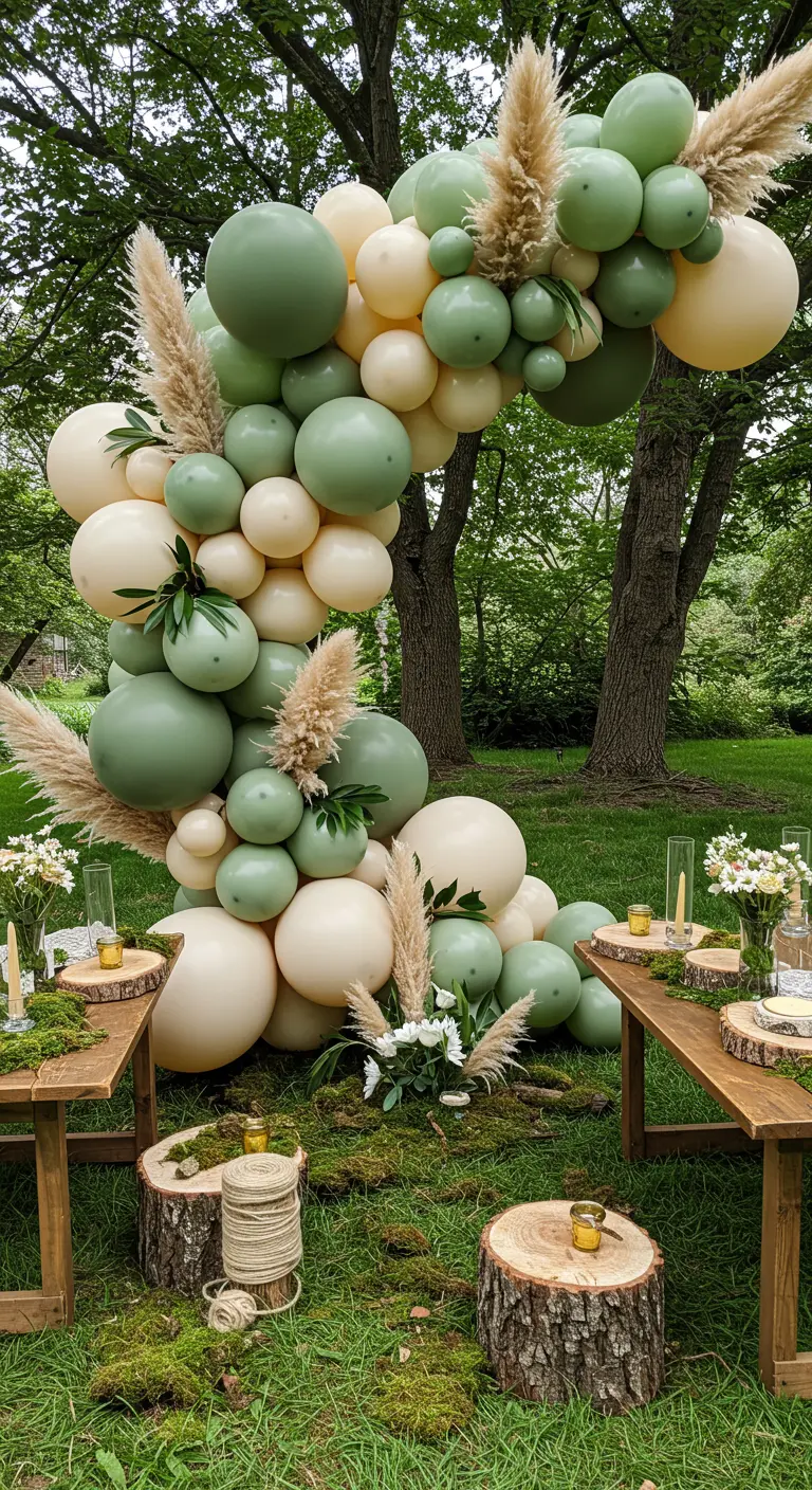 Arche de ballons verts et crèmes dans un jardin avec rondins de bois comme tables.
