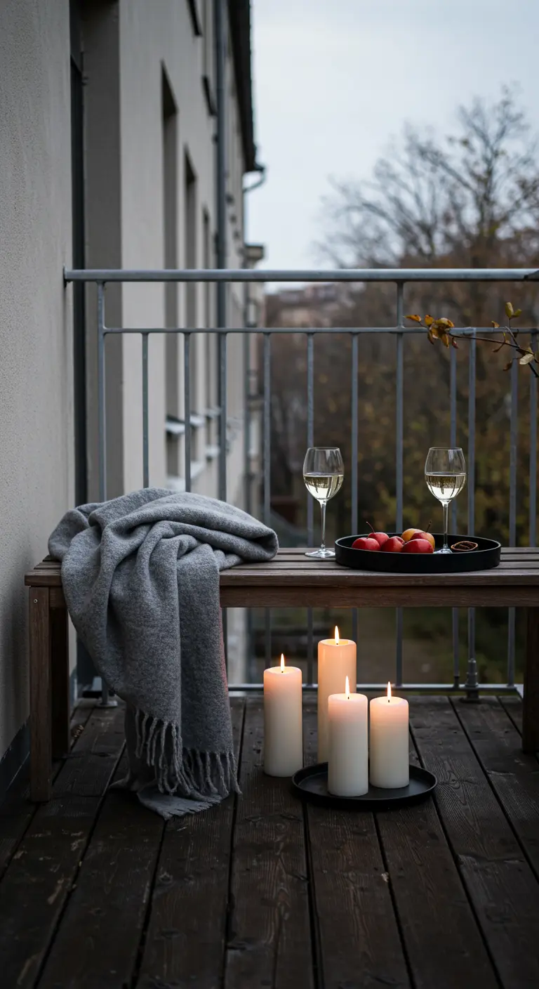 Banc en bois avec un plaid gris, du vin et des bougies au sol.