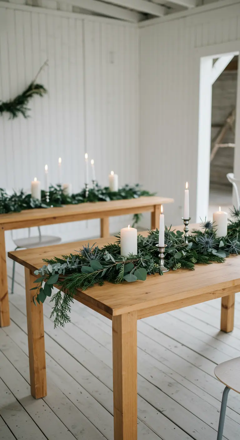 Décor de table scandinave avec guirlande d'eucalyptus et bougies blanches