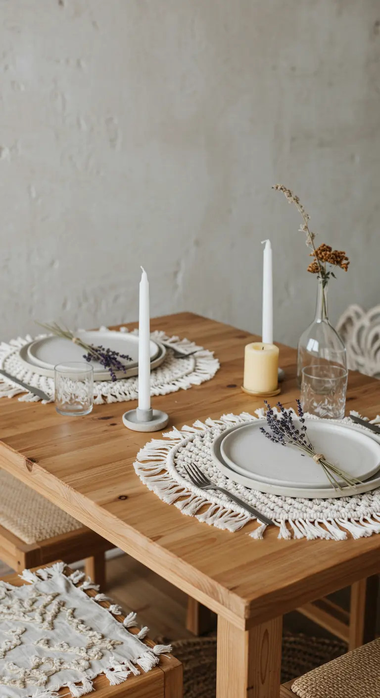 Table en bois minimaliste avec sets de table en macramé et brins de lavande.
