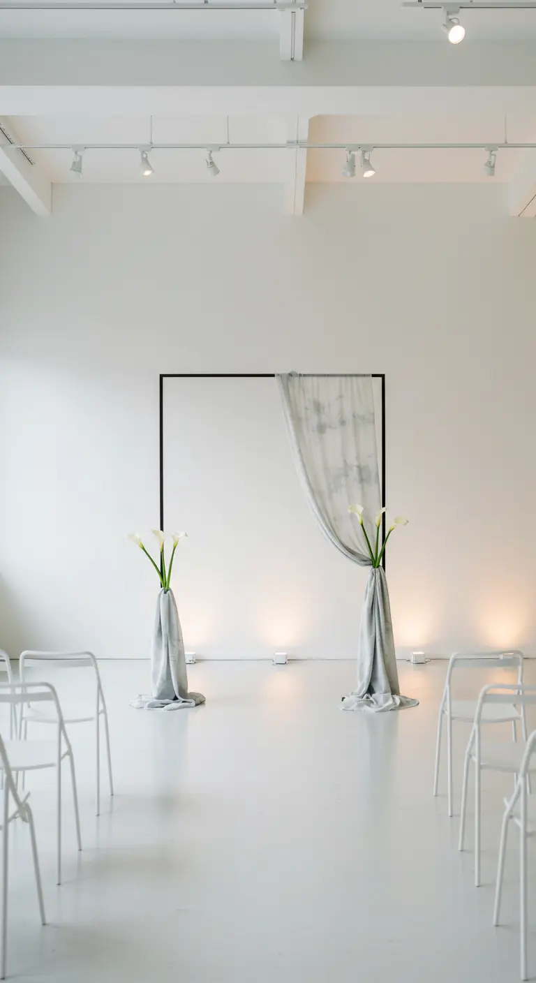 Arche de mariage minimaliste intérieure avec tissu gris clair tie-dye, callas blancs et spots lumineux.