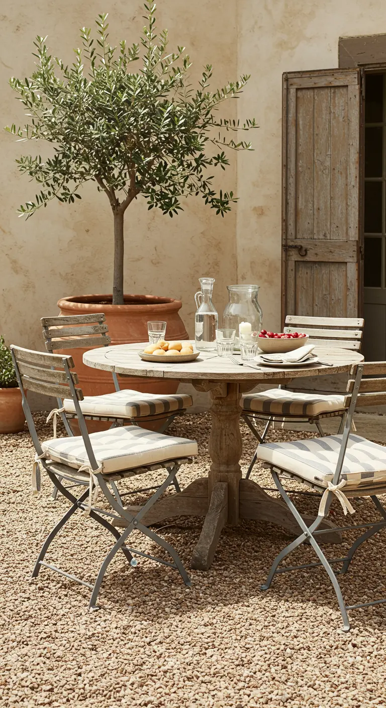 Table à manger en bois et chaises pliantes sur une cour en gravier devant une maison en pierre.