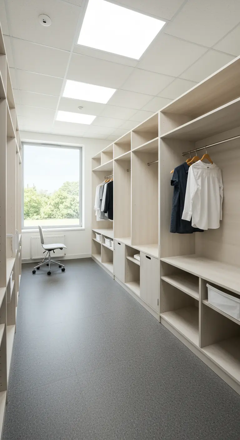 Grand dressing minimaliste avec étagères ouvertes en bois clair, bureau près de la fenêtre.