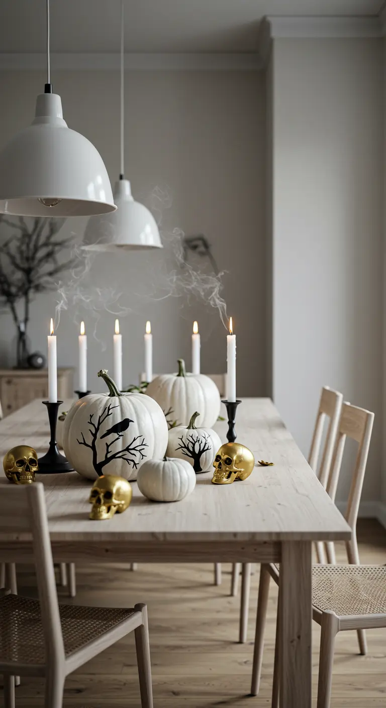 Table scandinave d'Halloween avec citrouilles blanches peintes en noir, crânes dorés et bougies fumantes