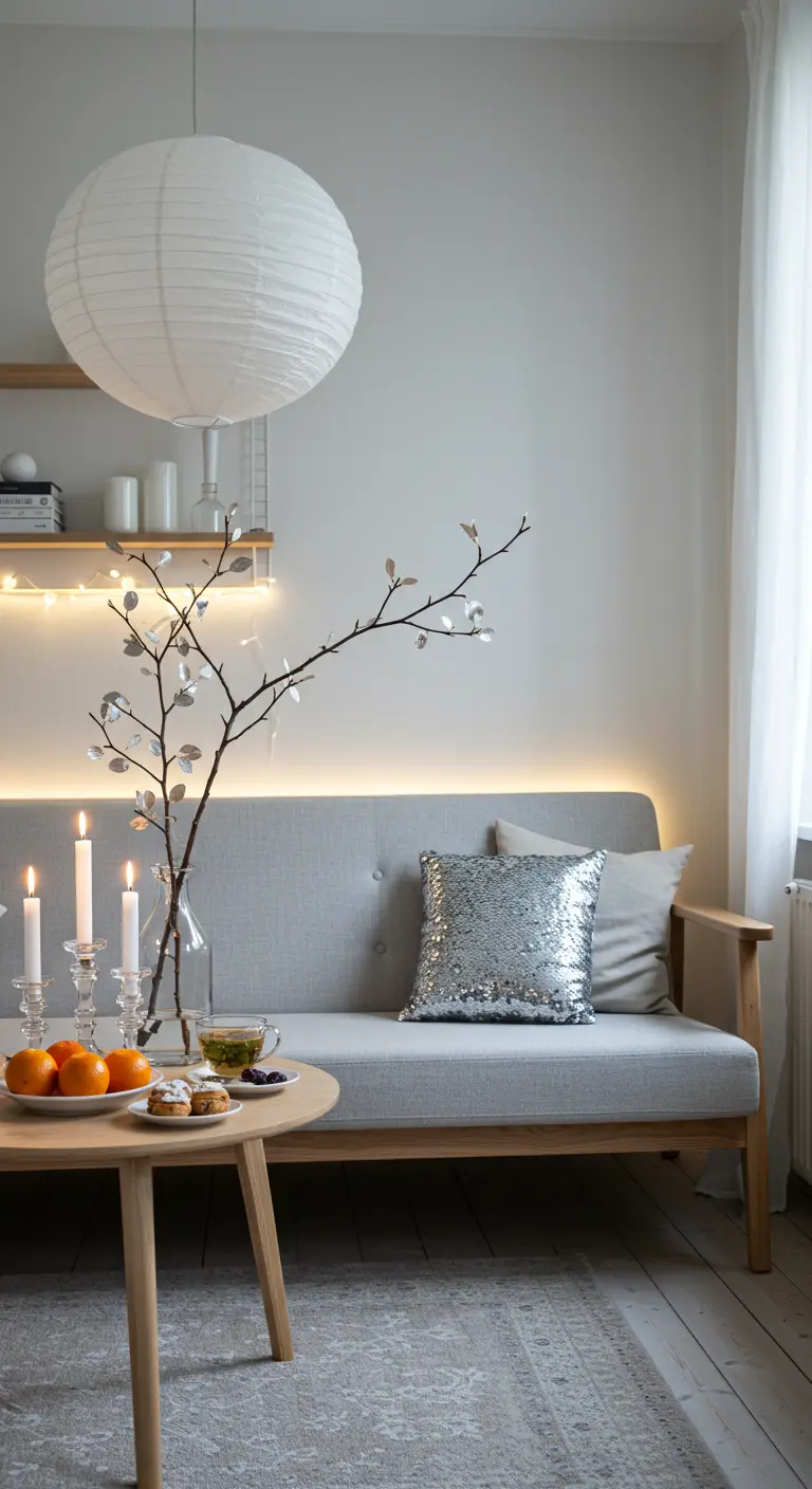 Un salon minimaliste avec un canapé gris clair, un coussin argenté et une guirlande lumineuse derrière le canapé.