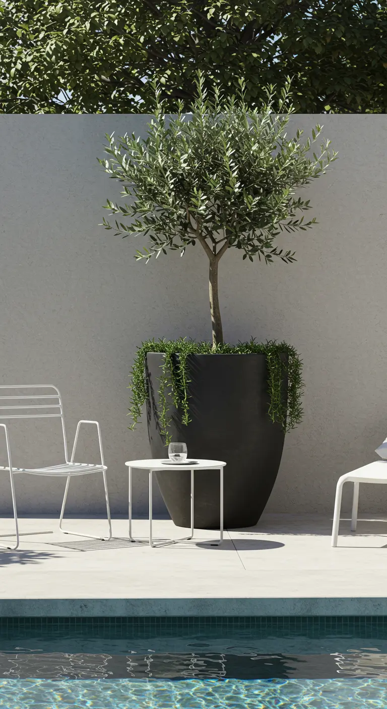 Un olivier dans un grand pot noir près d'une piscine, avec du mobilier blanc moderne.