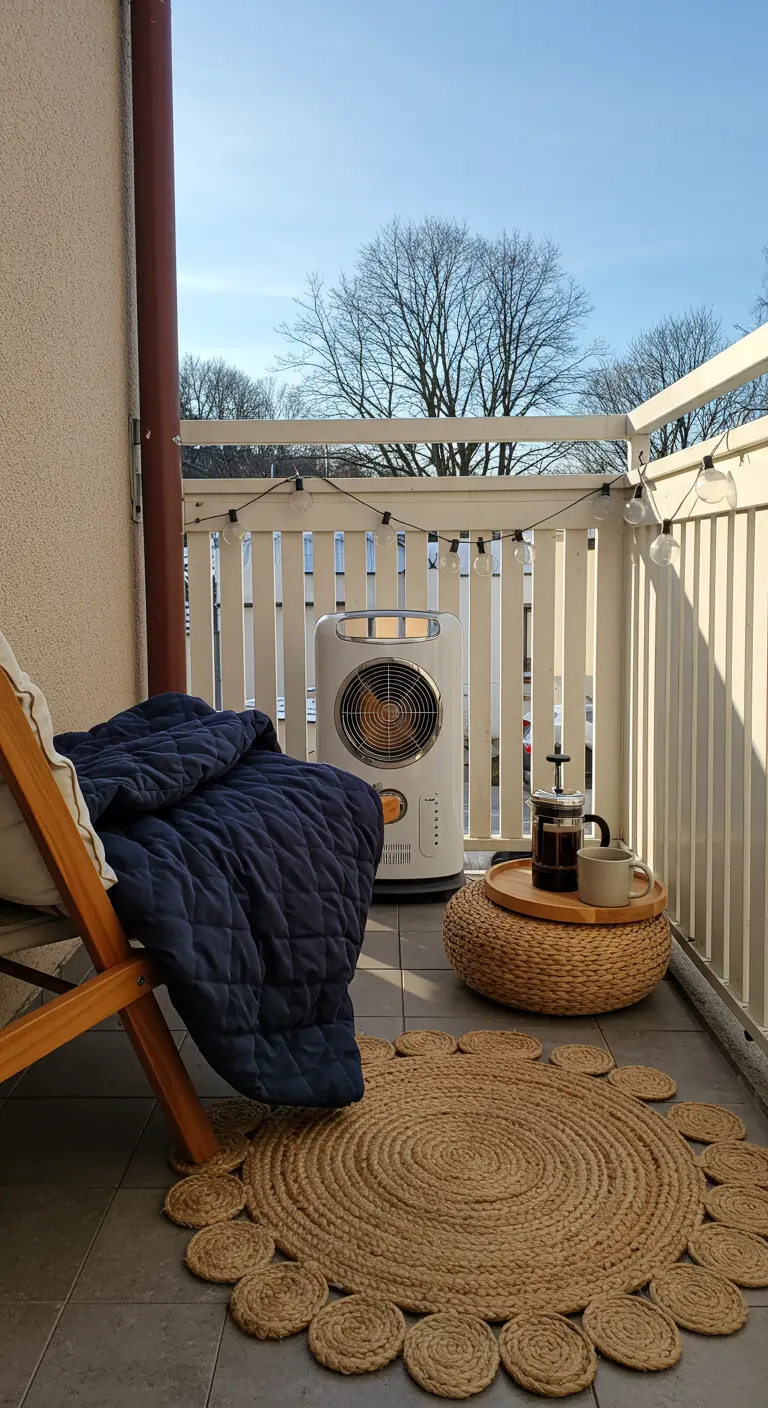 Petit balcon ensoleillé avec chauffage rétro, tapis en jute et fauteuil.