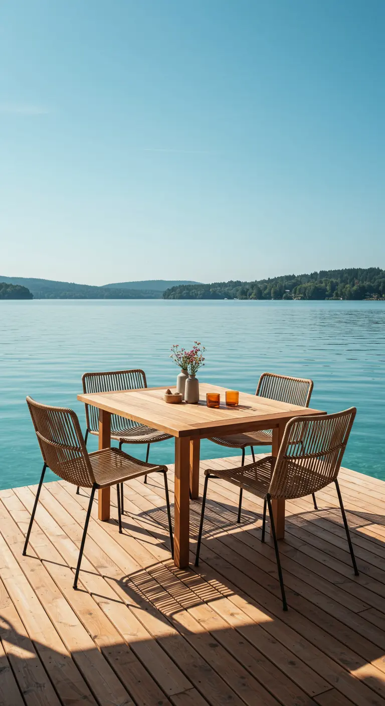 Table à manger minimaliste et chaises sur un ponton en bois au bord d'un lac bleu.