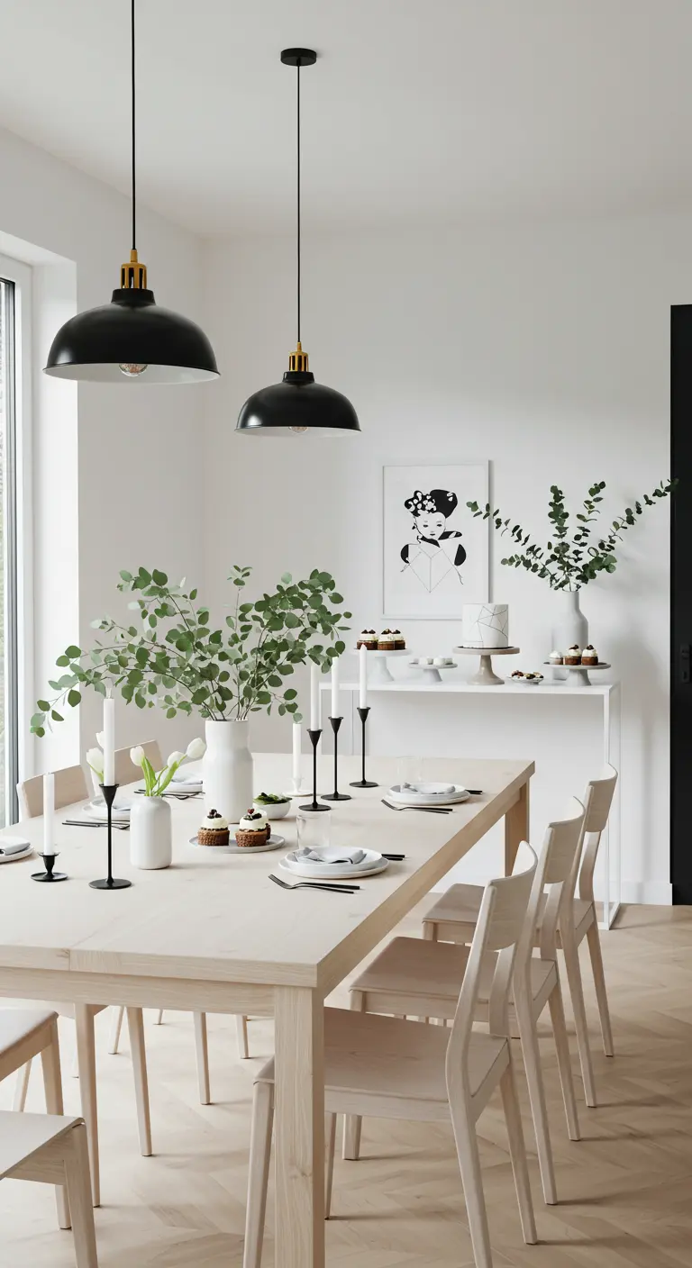Table de salle à manger moderne avec vases blancs, branches d'eucalyptus, bougies noires et gâteaux.