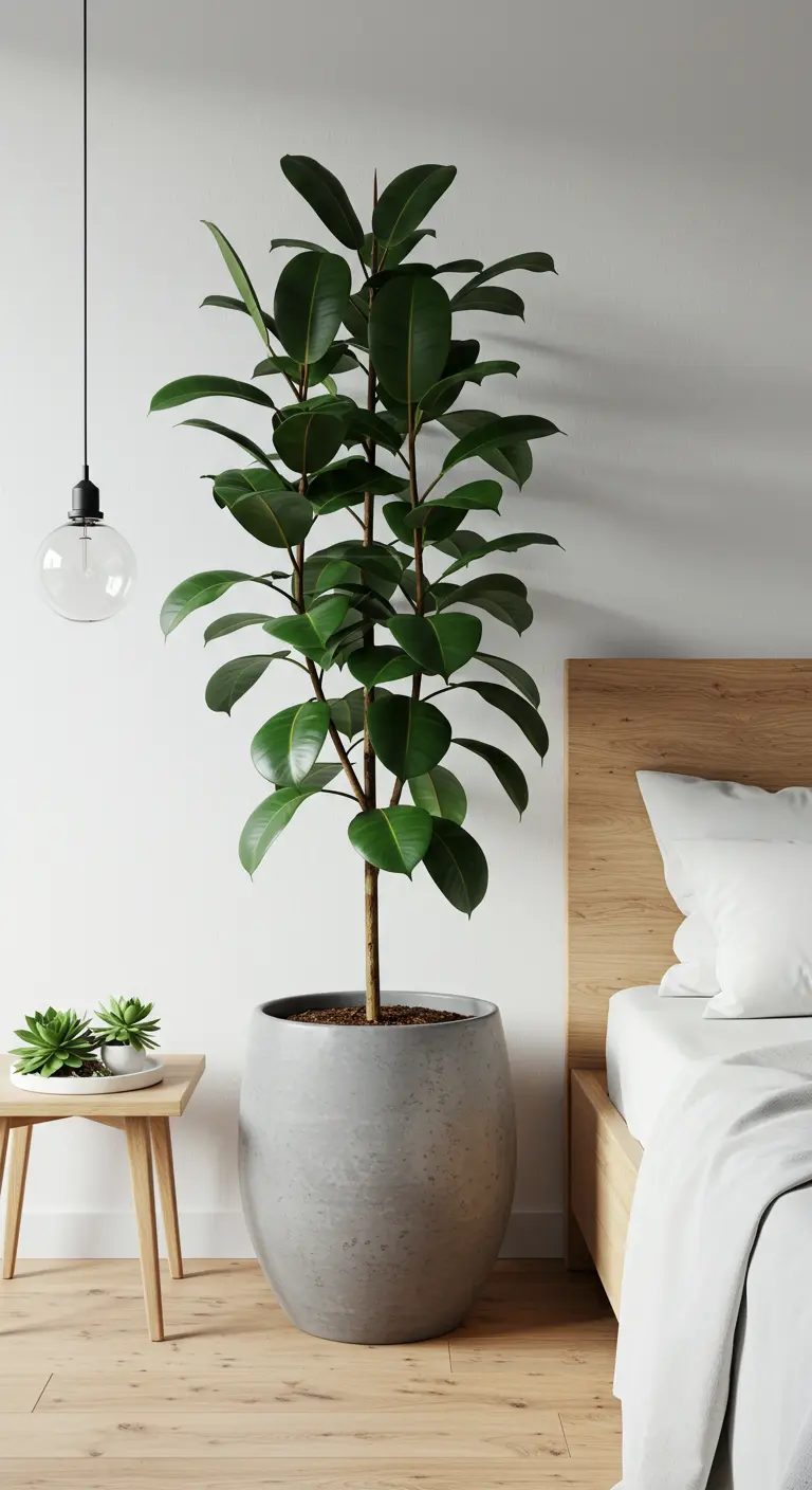 Chambre minimaliste avec Ficus elastica en pot gris, petites succulentes sur table de chevet.