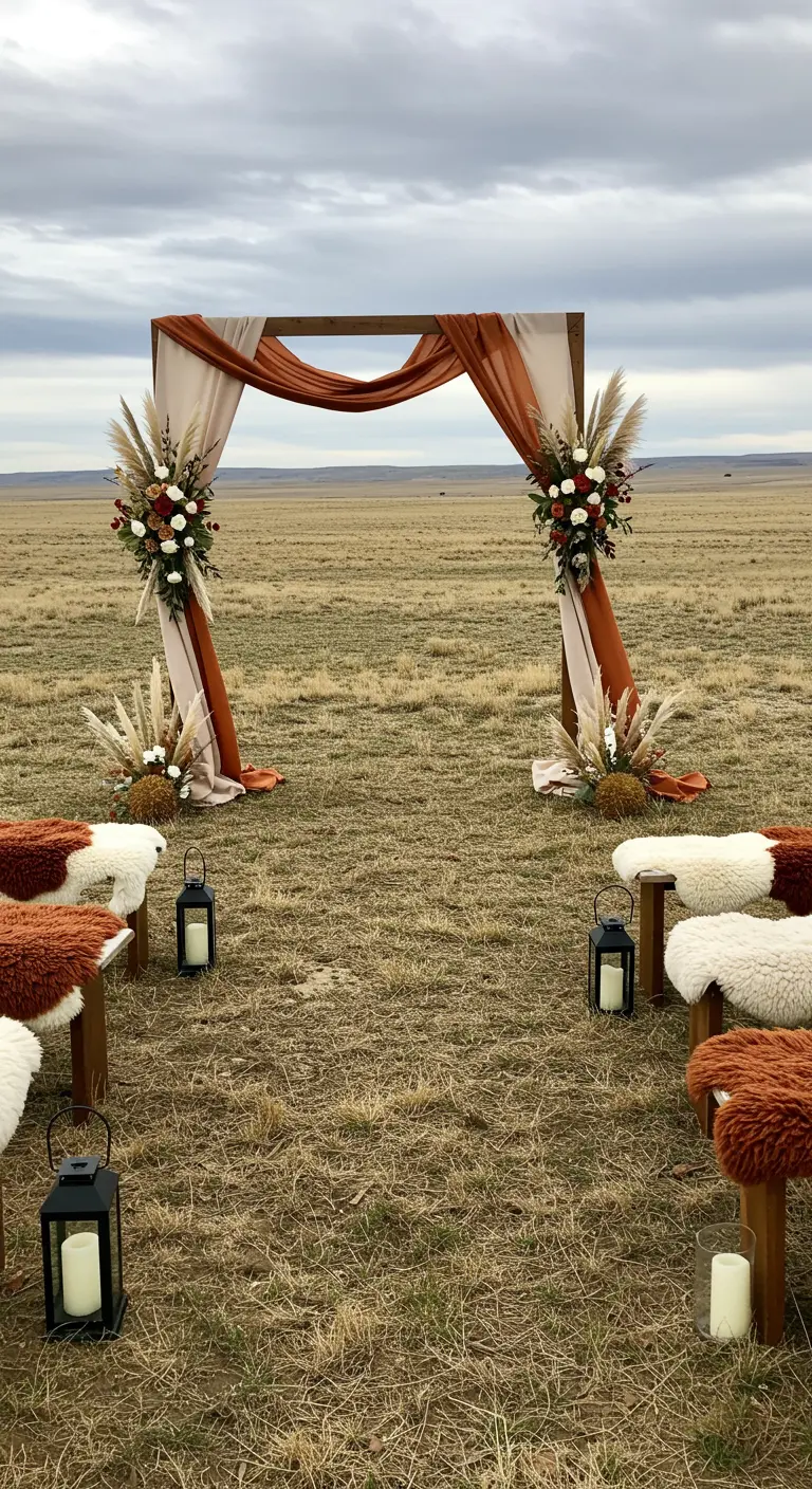Arche de mariage dans un champ sec avec tissus rouille/crème, pampa, roses blanches, bancs en fourrure, lanternes.