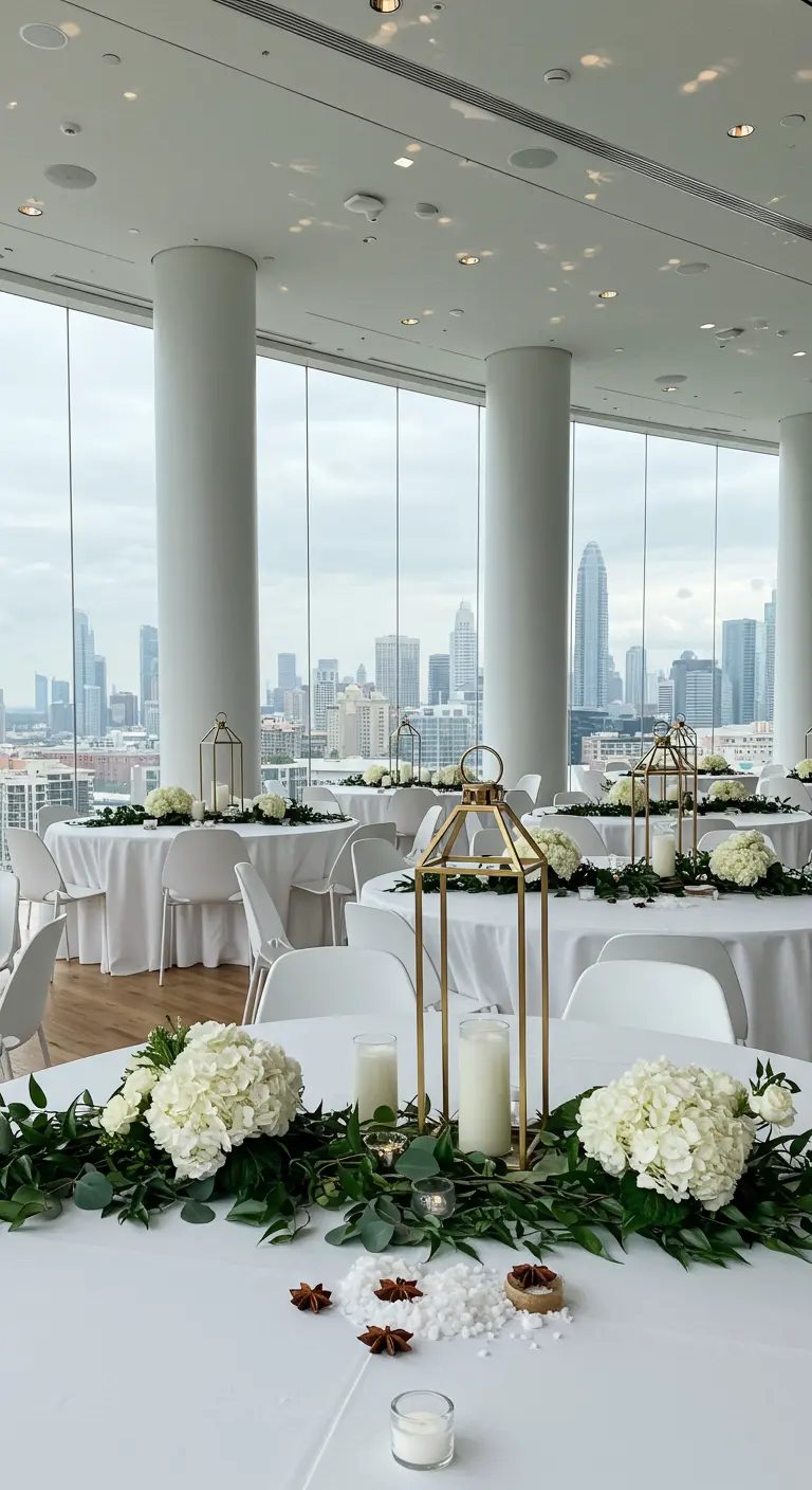 Table blanche moderne avec lanterne dorée, hortensias et vue sur la ville.
