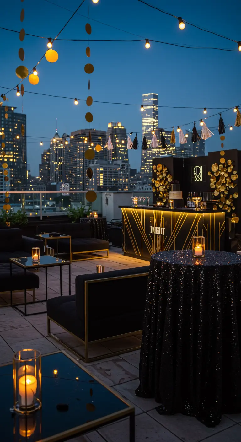 Bar sur un toit-terrasse avec guirlandes lumineuses et vue sur la ville de nuit.