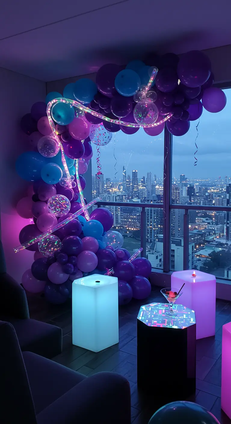 Arche de ballons violets et bleus devant une baie vitrée avec vue sur la ville.