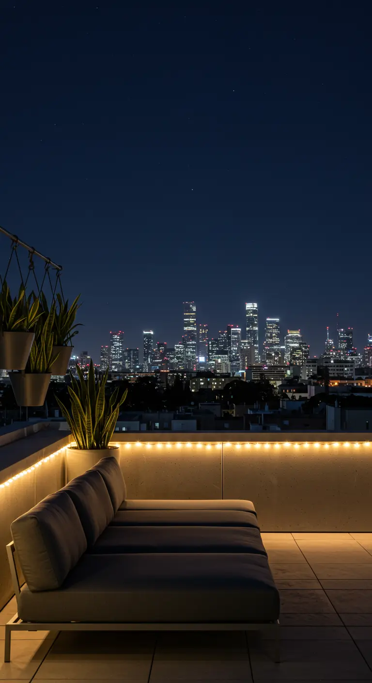 Rooftop moderne avec canapé, plantes et éclairage LED indirect.