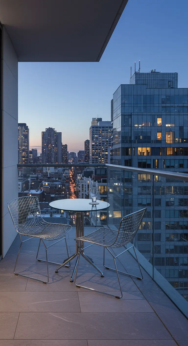 Chaises en fil de métal et table ronde sur un balcon de gratte-ciel la nuit.