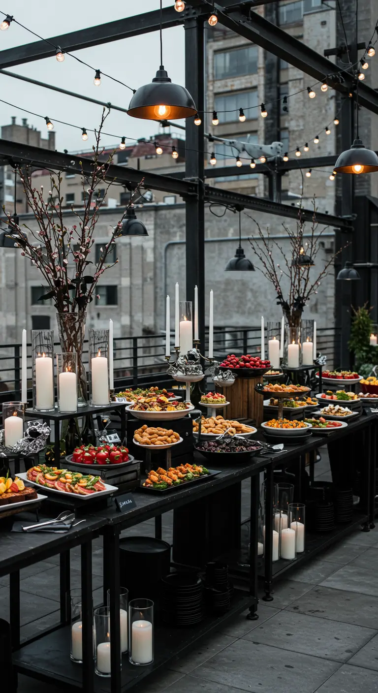 Buffet sur rooftop urbain, tables noires industrielles, guirlandes lumineuses, bougies blanches.