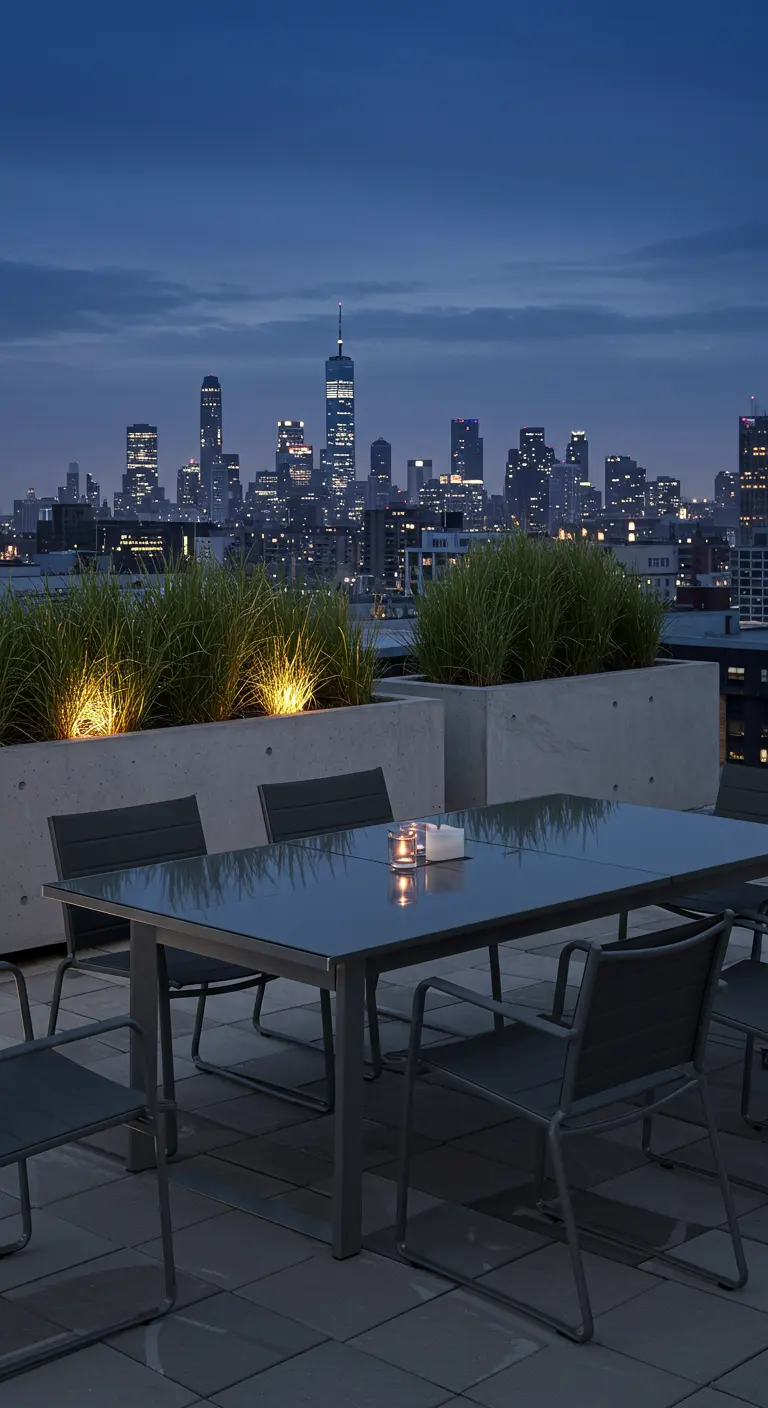 Table moderne sur un rooftop avec vue sur la ville de nuit.