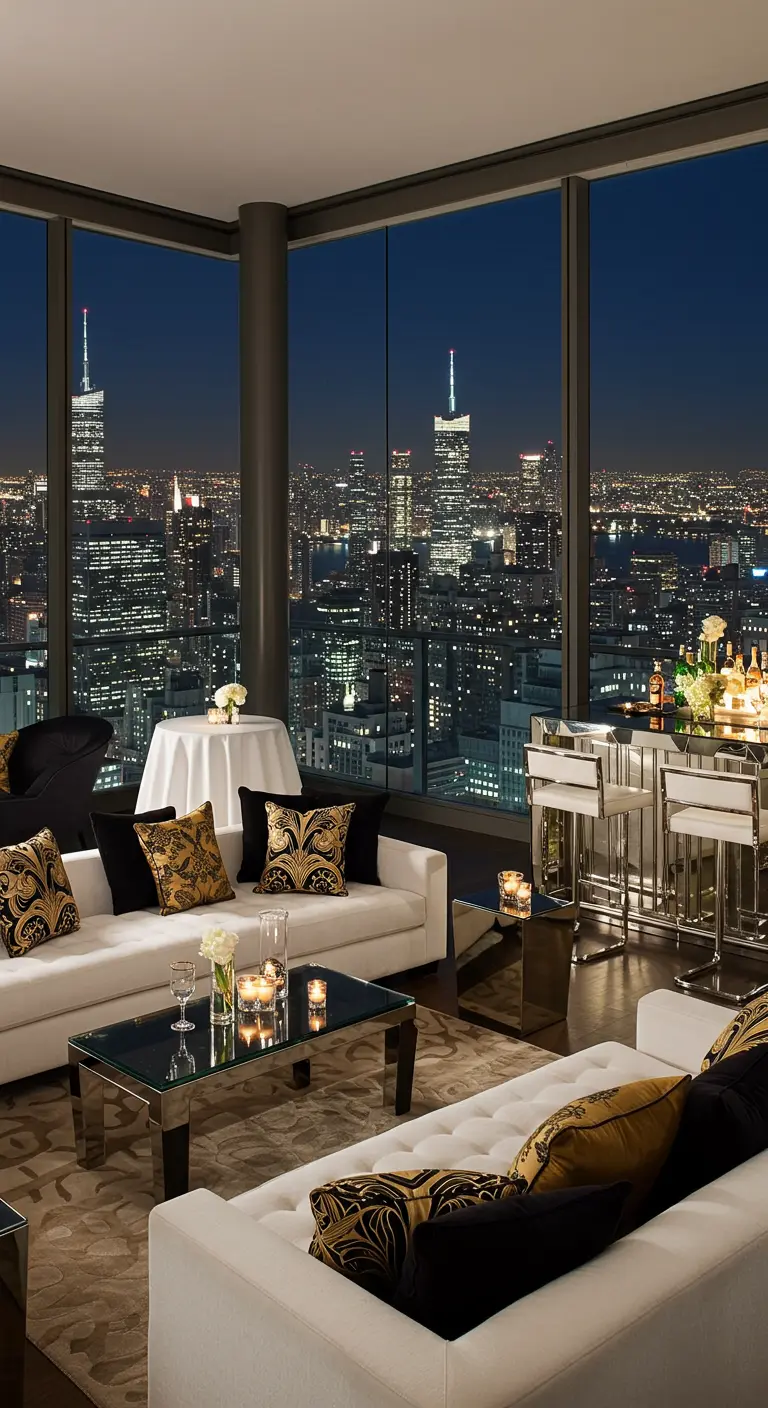 Salon moderne avec vue sur la ville de nuit et coussins Art déco.