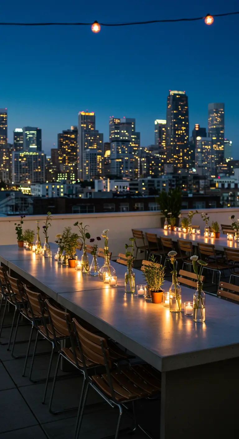 Longues tables minimalistes sur un rooftop de ville illuminé, avec petites bouteilles de fleurs et bougies.