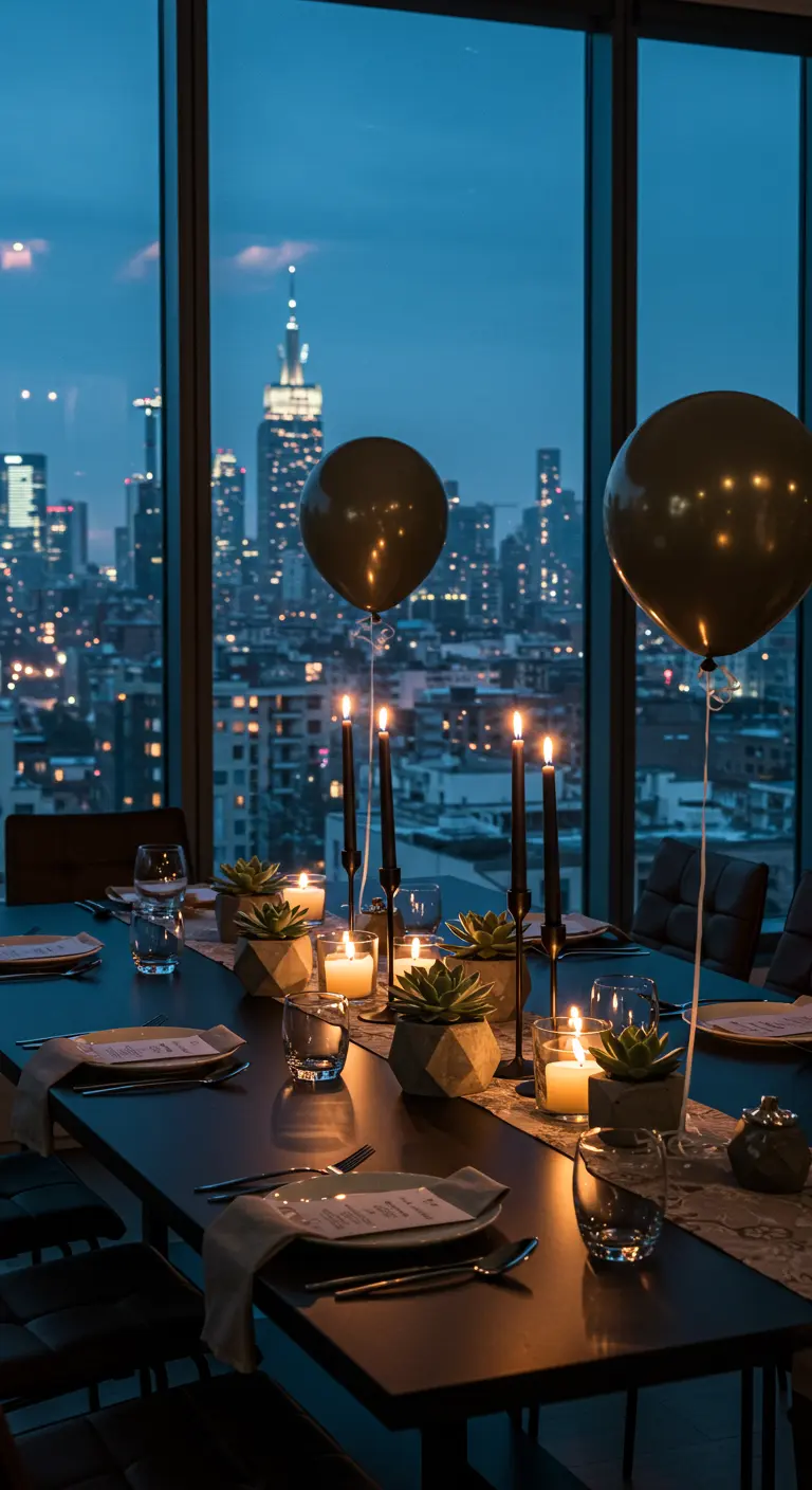 Table de fête moderne avec succulentes et bougies noires devant une baie vitrée sur la ville.