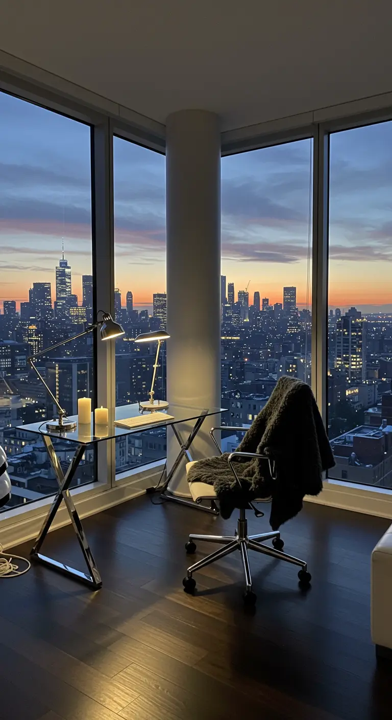 Bureau moderne en verre dans un appartement avec vue sur la skyline d'une ville au crépuscule.