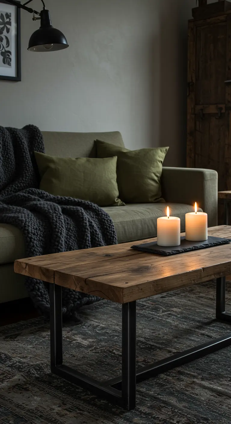 Canapé vert olive avec un grand plaid en tricot anthracite et deux bougies sur la table.