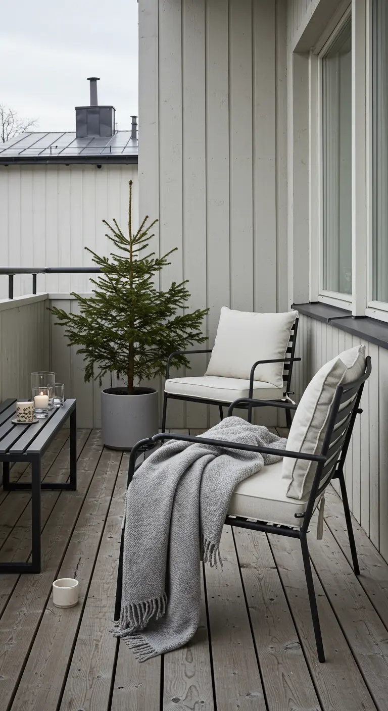 Deux fauteuils noirs et blancs sur un balcon en bois avec un plaid et un petit sapin.