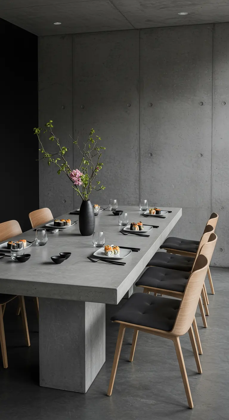 Table en béton ciré avec un vase noir, une branche fleurie et des assiettes de sushi individuelles.