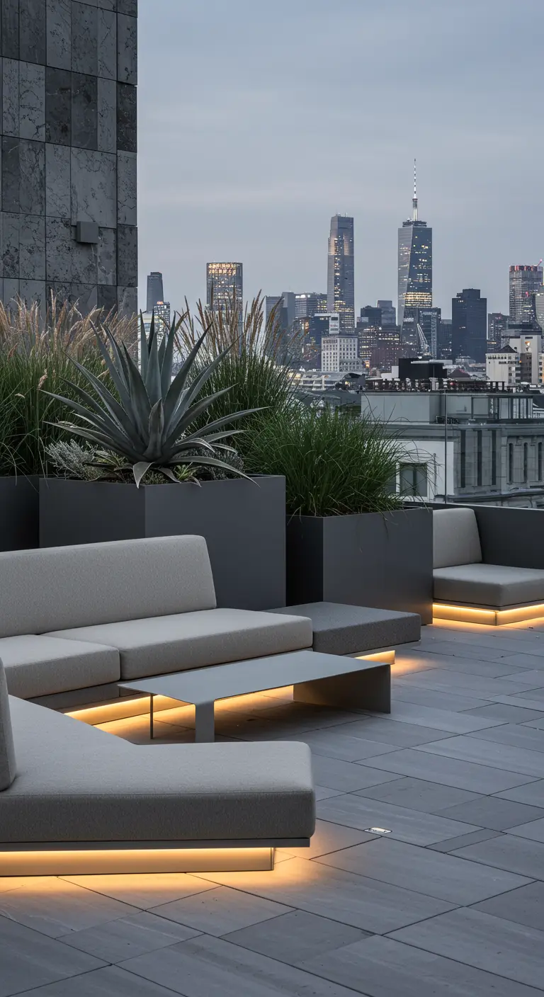 Terrasse de toit moderne avec mobilier bas gris, jardinières et éclairage LED intégré, vue sur la ville.