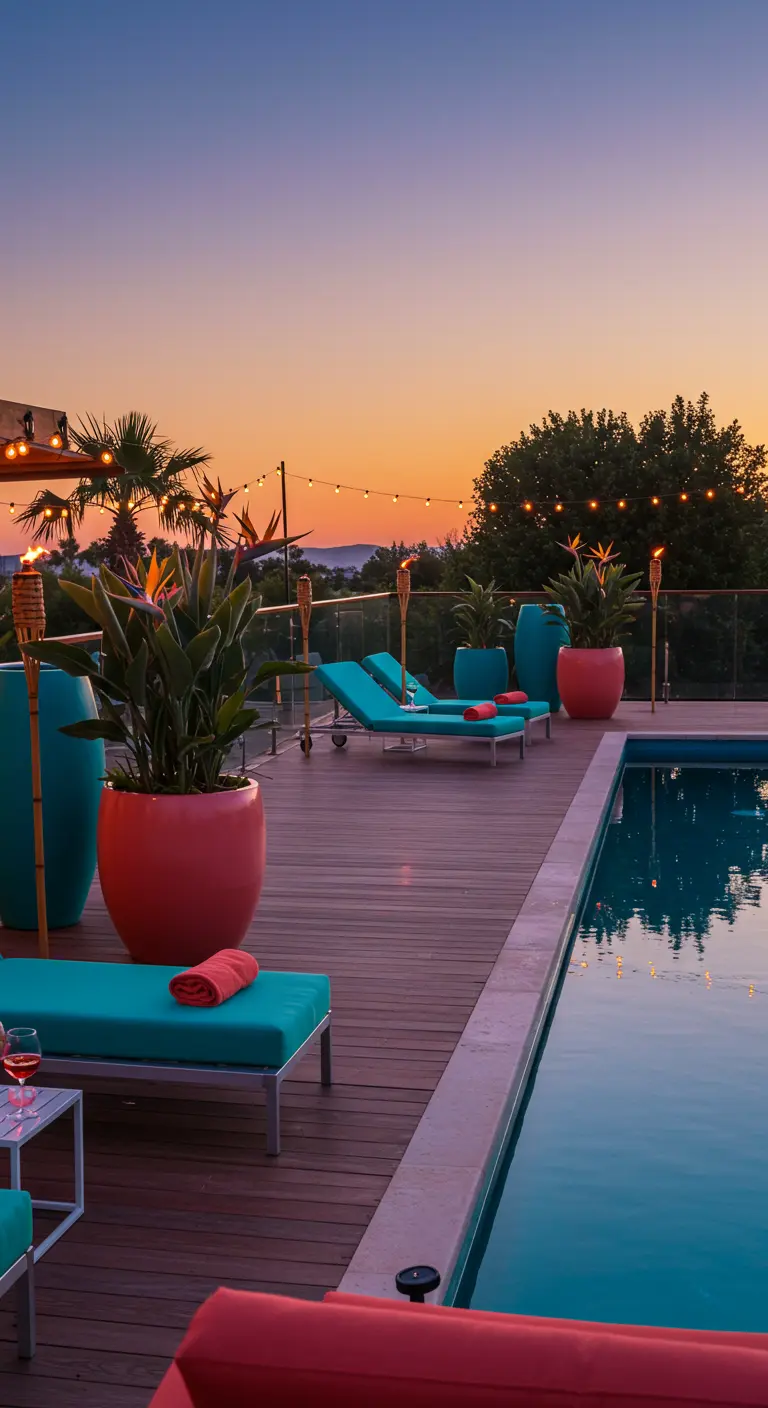 Bord de piscine au coucher du soleil avec des plantes tropicales et des torches.