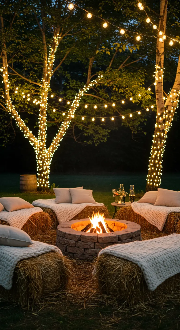 Coin feu de camp avec des bottes de foin comme sièges, recouverts de plaids tricotés.