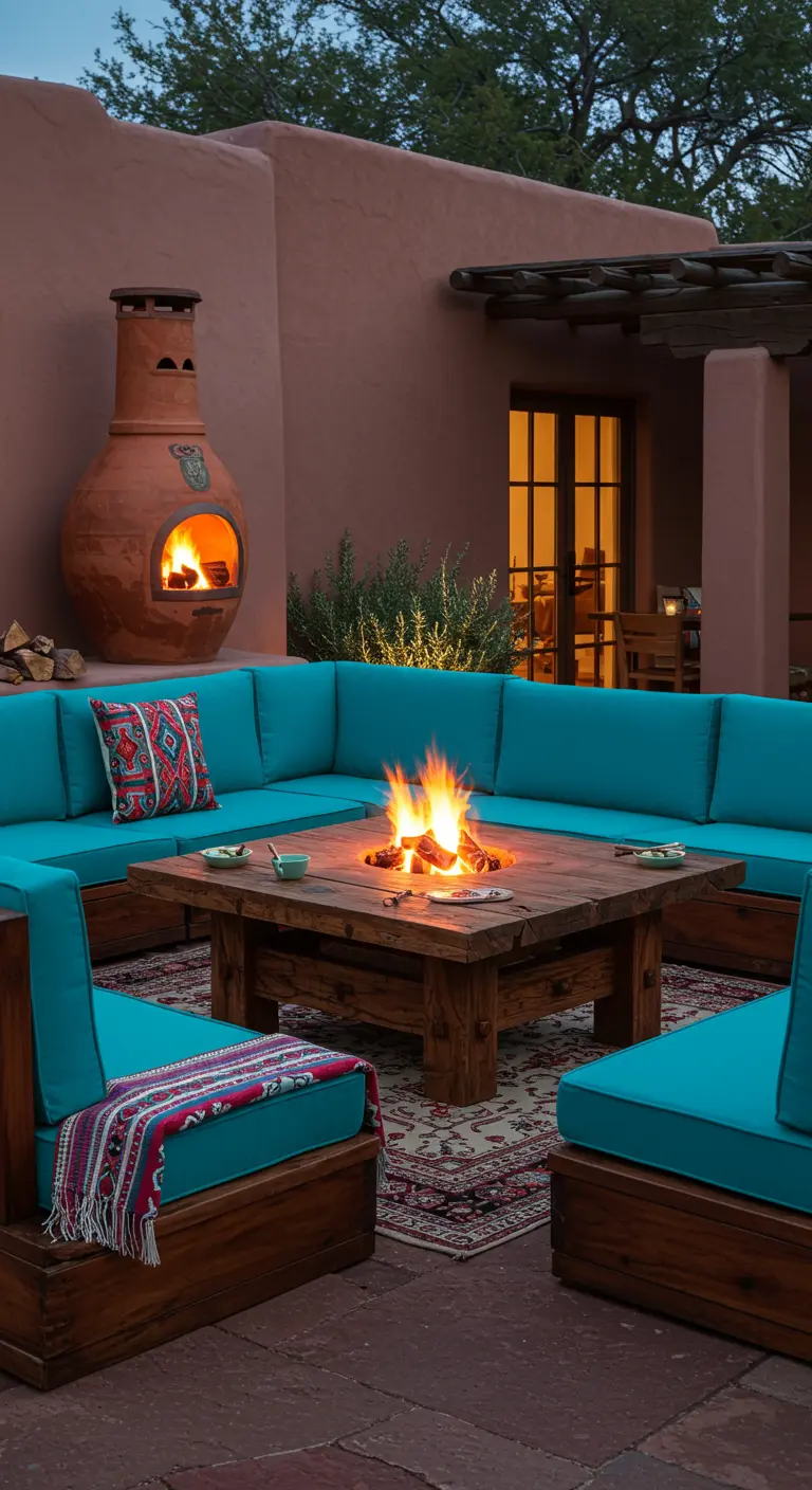 Salon modulable turquoise autour d'un chiminea en terre cuite dans un patio.