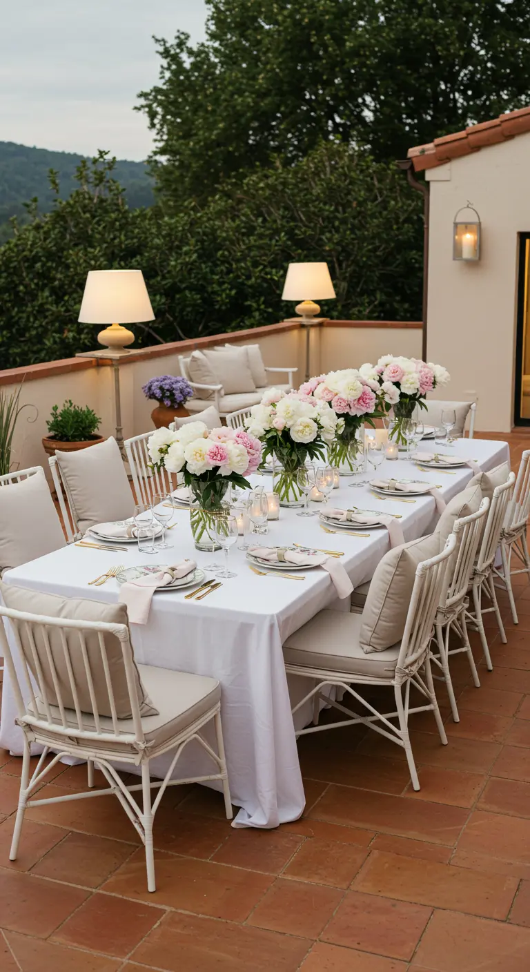 Table longue blanche sur une terrasse, pivoines blanches et roses, chaises rembourrées claires.