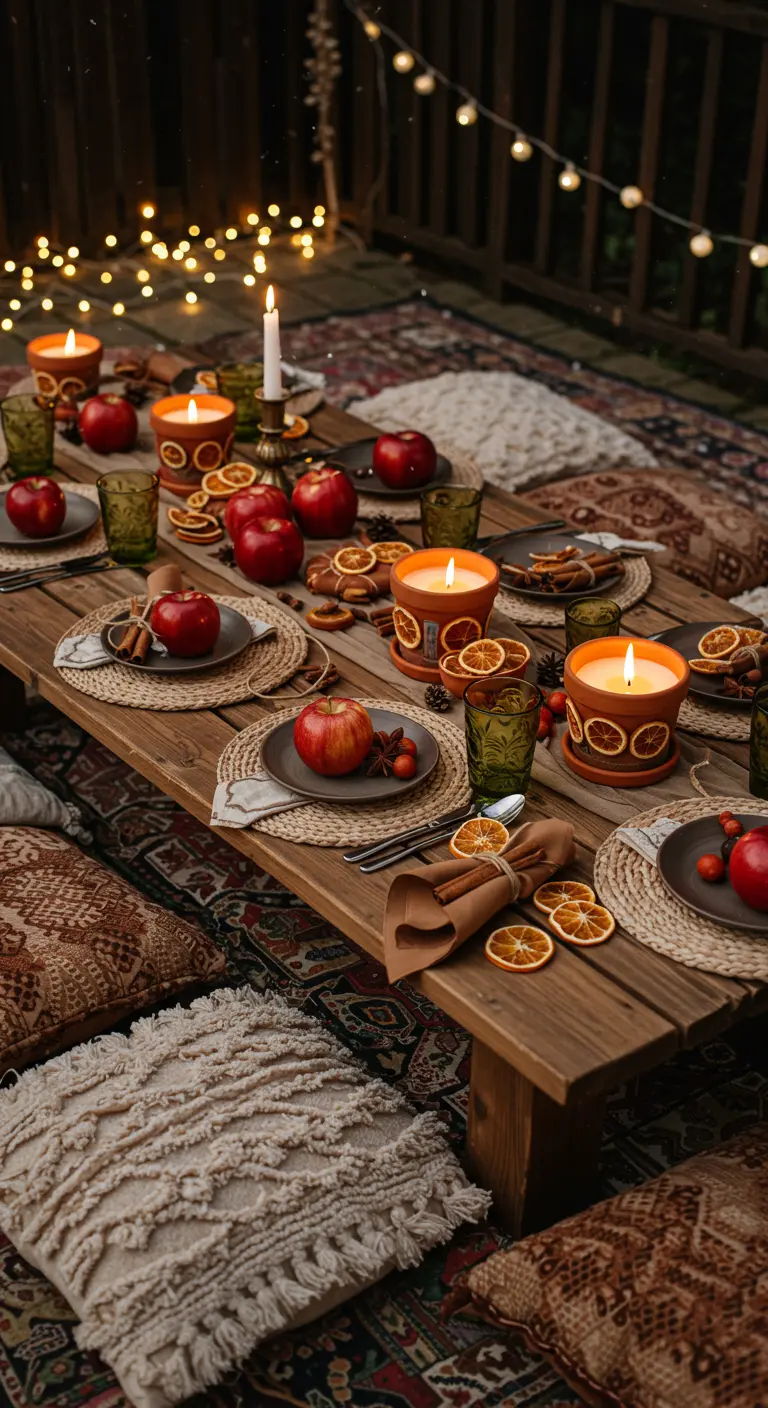 Table basse en bois sur des tapis et coussins, décorée de bougies, pommes rouges et tranches d'orange séchées.