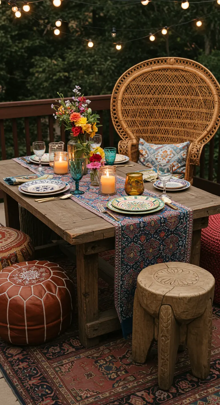 Table sur un balcon avec un chemin de table à motifs paisley et une chaise paon.