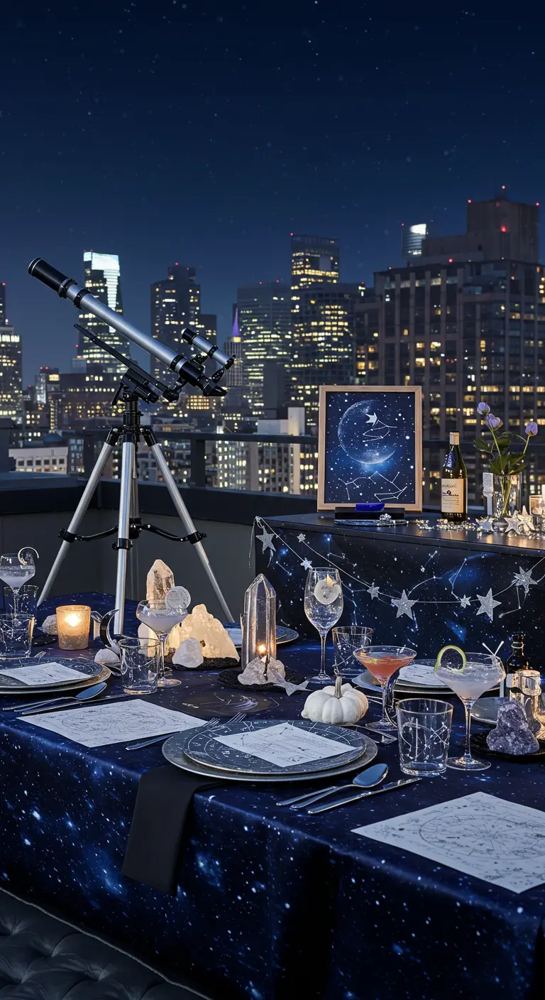 Table de fête sur le thème céleste sur un rooftop avec un télescope.